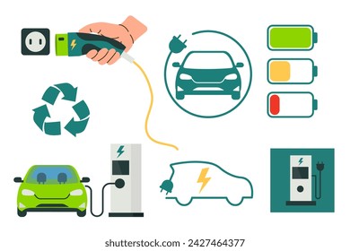 Modern electric smart suv car charging parking at the charger station with a plug in cable. Isolated flat vector concept