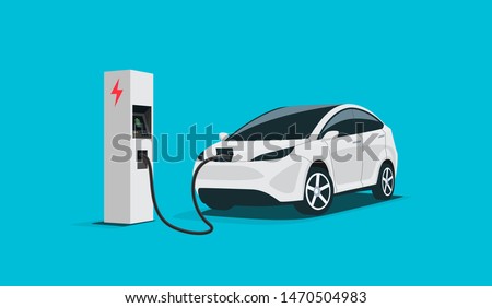 Modern electric smart suv car charging parking at the charger station with a plug in cable. Isolated flat vector illustration concept on white background. Electrified future transportation e-motion.