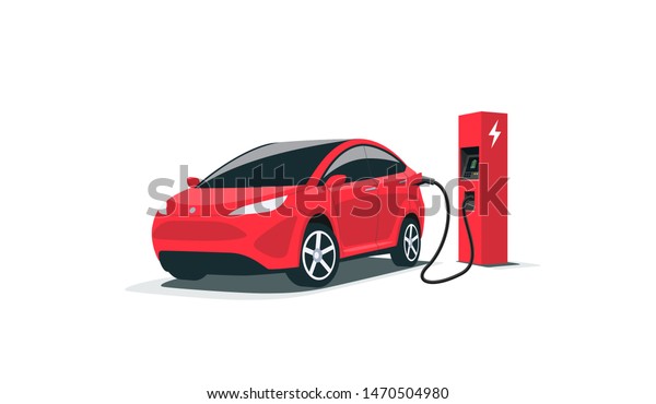 Modern electric smart suv car charging parking\
at the charger station with a plug in cable. Isolated flat vector\
illustration concept on white background. Electrified future\
transportation\
e-motion.