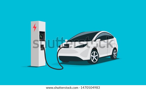 Modern electric smart suv car charging parking\
at the charger station with a plug in cable. Isolated flat vector\
illustration concept on white background. Electrified future\
transportation\
e-motion.