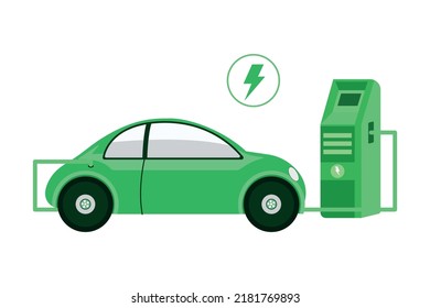 SUV inteligente eléctrico moderno para cargar coches en la estación de carga con un cable enchufe. Ilustración vectorial plana aislada en un fondo blanco. Transporte electrónico eléctrico del futuro.