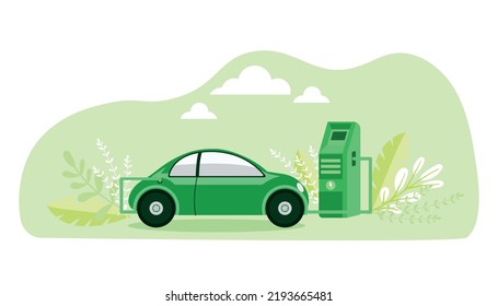 Modern electric smart SUV for charging cars at the charging station with a plug cable. Isolated flat vector illustration on a white background. Electrified electronic transport movement of the future.