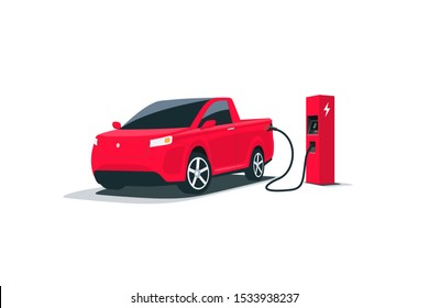 Modern electric smart suv pickup truck car charging parking at the charger station with a plug in cable. Isolated vector illustration on white background. Electrified future transportation e-motion.