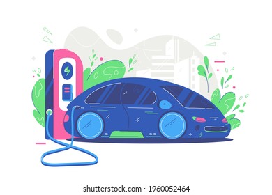 Modern electric sport car vector illustration. Automobile charging on parking station flat style. Electrified future transportation e-motion concept. Isolated on white background