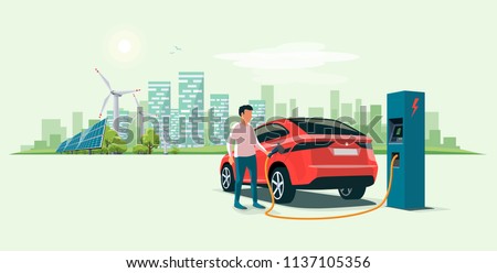 Modern electric suv car charging at the charger station with a young man holding the cable. Wind turbines and solar panels with urban landscape in background. Flat vector illustration concept. 