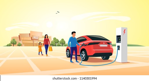 Modern electric suv car parking at the charger station in front of shopping mall. Young family shopping while the electro car is recharging batteries. Flat vector illustration concept. 