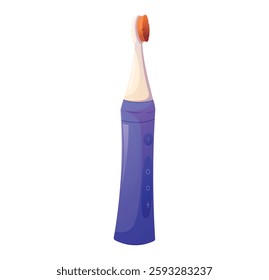 Modern electric toothbrush with purple handle and orange bristles. Cartoon vector illustration of a rechargeable dental care device isolated on white background. Oral hygiene and healthcare concept.