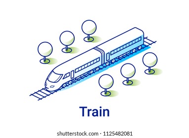 Modern Electric Train Illustration In Linear Isometric Style. Minimal Art Line. 