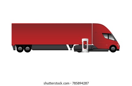 Modern electric truck charging at the supercharging station. Vector illustration EPS 10