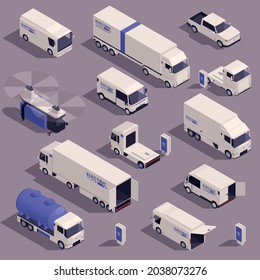 Modern electric trucks tankers refrigerators pickup tow recovery vehicle cargo drone charging stations isometric set vector illustration