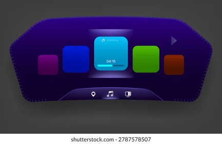 Modern electric vehicle head unit interface with purple transparent theme featuring music player dashboard, horizontal card playlist selection, and futuristic multimedia control system