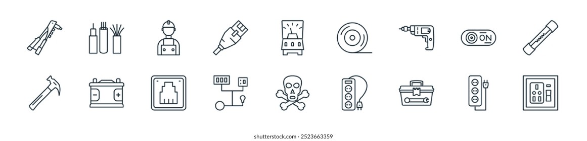 modern electrician tools icon pack. perfect for linear ui designs featuring vector socket, extension cord, tool box, power strip, danger, wiring, telephone socket and more icons for mobile and web