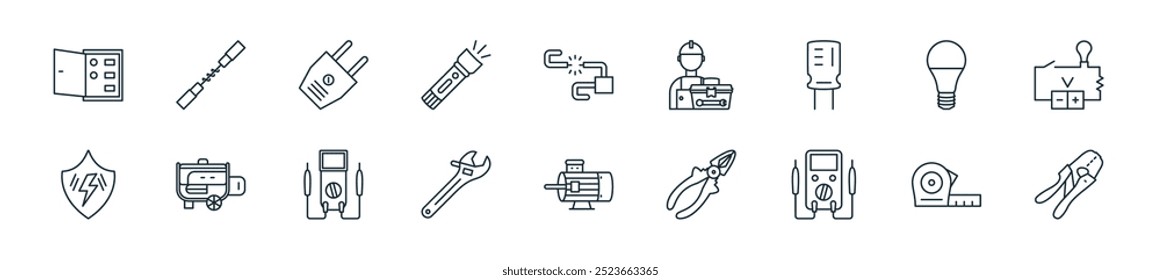modern electrician tools icon pack. perfect for linear ui designs featuring vector crimping, measure tape, tester, wire cutter, electric motor, wrench, multimeter and more icons for mobile and web