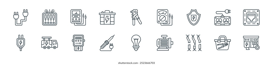 Perfecto para diseños de interfaz de usuario lineal que incluyen generador eléctrico de Vector, caja de herramientas, cable roto, motor, bombilla, soldador, medidor eléctrico y más iconos para el uso en el hogar