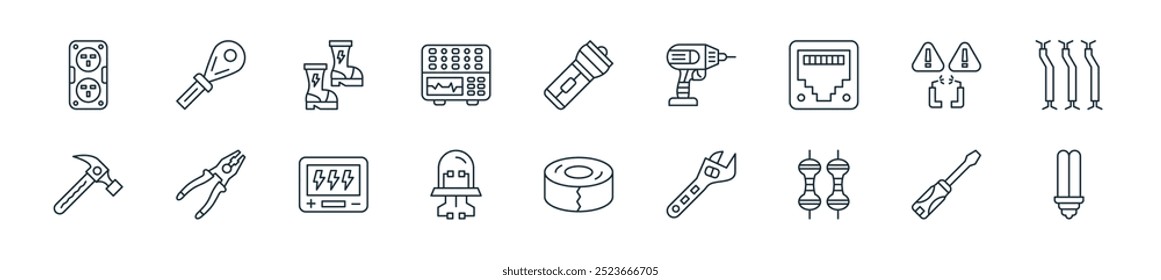 moderno eletricista ferramentas ícone pack. perfeito para projetos de iu linear com lâmpada led vetor, chave de fenda, resistor, chave inglesa, fita isolante, diodo, tensão e mais ícones para aplicativos móveis e web.