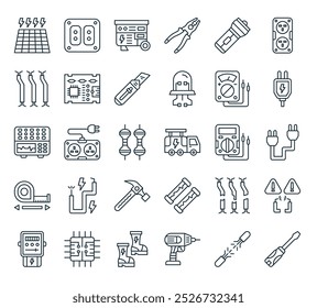 moderno eletricista ferramentas ícone pack. perfeito para projetos de iu linear com driver de parafuso de vetor, fios, broca de mão, botas, circuito e mais ícones.