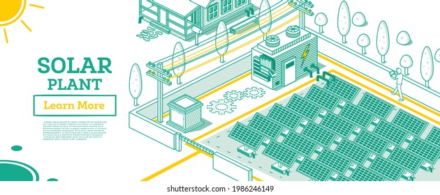 Modern Electricity Solar Plant Facility Building. Vector Illustration. Renewable Green Energy Isometric Concept. Vector Illustration. Sustainable Power Generation.