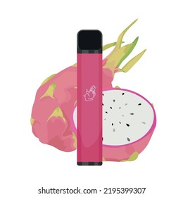 Modern electronic cigarette and dragon fruit on white background