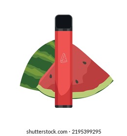 Modern electronic cigarette and watermelon on white background