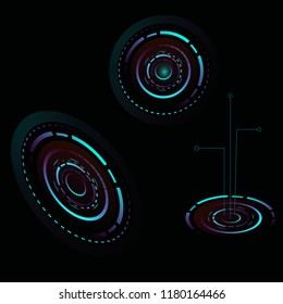  modern electronic circles, blue digital rounds, isolated on black background. Vector illustration.