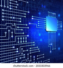Modern electronic circuit and binary code on blue neon glowing background. Digital nano technologies concept.