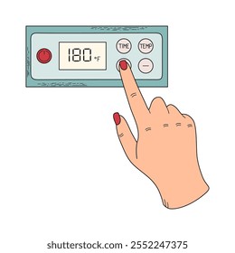 Modern electronic control panel of dryer. Set temperature and time. Home canning process. Hand drawn doodle style vector illustration.
