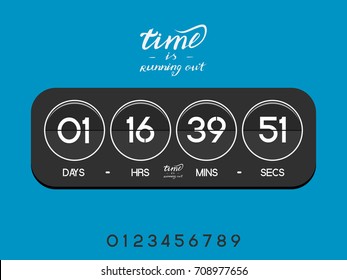 Modern electronic countdown timer for the website. Circle section. Days, hours, minutes, seconds. Grey blue background. Vector drawing