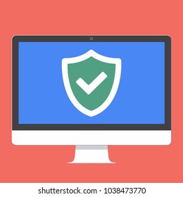 Modern electronic device - flat design monitor or All-in-one-PC vector illustration with check mark OK or all right in the shield sign on the screen isolated on red background vector illustration