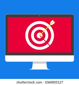 Modern electronic device - flat design monitor or All in one PC vector illustration target arrow sign on the screen isolated on background.  Technology concept of goal competition. Flat style design.