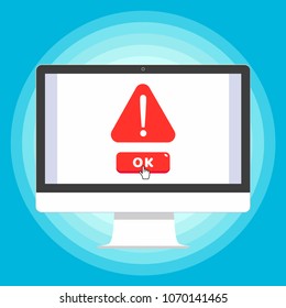 Modern electronic device - flat design monitor or All in one PC vector illustration attention sign, cursor and red button OK on the screen isolated on blue background.  Flat style design.
