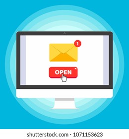 Modern electronic device - flat design monitor or All-in-one-PC vector illustration with envelope and button open isolated on blue background.  Technology concept of new message email postal symbol.