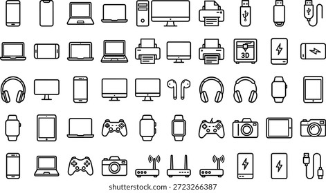 Conjunto de iconos de dispositivos electrónicos modernos, Ilustración vectorial en blanco y negro de gadgets, accesorios, herramientas tecnológicas para UI, App, Sitios web, presentaciones, infografías y materiales educativos
