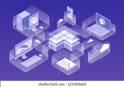 Modern electronic devices, equipment or gadgets and paper planes flying between them. Data network management, computer system administering. Creative colorful isometric vector illustration.