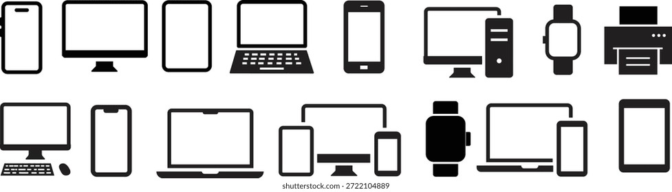 Modern electronic devices and gadgets collection with computers, smartphones, tablets, and wearable technology icons set