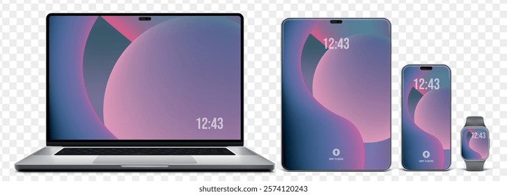 Modern electronic devices: laptop, tablet, smartphone, and smartwatch with a minimalist interface. Perfect for UI UX presentations.