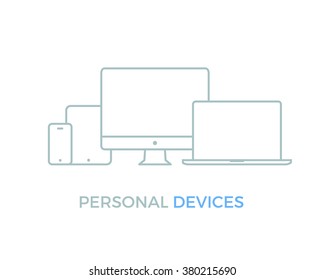 Modern electronic devices. Line style vector illustration of pc, laptop, tablet and phone. 