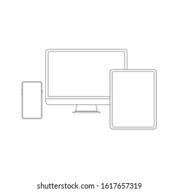 Modern electronic devices. new iMac, new iPhone, new iPad, apple. Line style illustration of pc, tablet and phone. Line vector icon for websites and mobile minimalistic flat design. iMac, iPhone, iPad