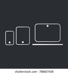 Modern electronic devices on dark background. Line style vector illustration of laptop, tablet and phone.