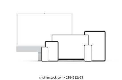 Modern Electronic Devices Set. Silver Monitor and Laptop, Tablet Computers, Cellphones. Vector Illustration