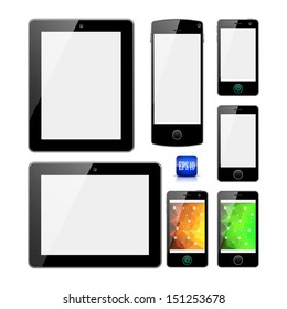 Modern electronic devices with white, and polygonal shiny screens isolated on white background. Tablets and mobile phones (smartphones). Eps10 file with transparency.