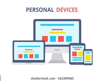 Modern electronic devices.Flat style illustration of laptop, pc, tablet and phone. Vector icon for websites and mobile minimalistic design. Popular gadgets.