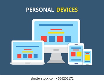 Modern electronic devices.Flat style illustration of laptop, pc, tablet and phone. Vector icon for websites and mobile minimalistic design. Popular gadgets.