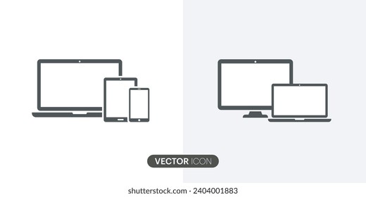 Moderne elektronische Geräte.Laptop-Computer und Handy-Mock-up. Set für reaktionsstarke digitale Gerätesymbole.Gerätevorderansicht.Vektorgrafik