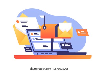 Modern electronic messages, high-speed mail delivery using the internet. Concept online delivery of letters in mailbox, laptop, web. Vector illustration.