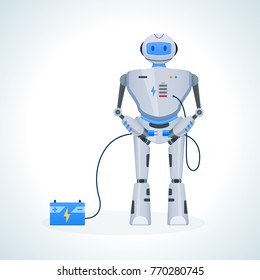 Modern electronic robot, chat bot, humanoid. Charging the energy from the battery, generator, energy saving. Technical support. Innovation intelligence technology science future. Vector illustration.