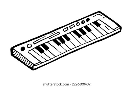 Modern electronic synthesizer piano keys. Musical instrument for playing live music. Outline hand drawn sketch. Drawing with ink. Isolated on white background. Vector.