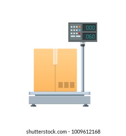 Modern electronic-digital cargo scales. Measuring device for cargo in the form of boxes, packages, freight and products. Scales for weighing heavy objects. Sea travel elements. Vector illustration.