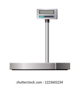 Modern electronic-digital cargo scales. Measuring device for cargo in the form of boxes, packages, freight and products. Scales for weighing heavy objects. Vector illustration isolated.