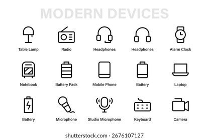 Modern Electronics Devices Line Icon Set - Moderne minimale Konturvektorsammlung von Gadgets, Handys, Computern, Laptops und Technologie-Illustrationen