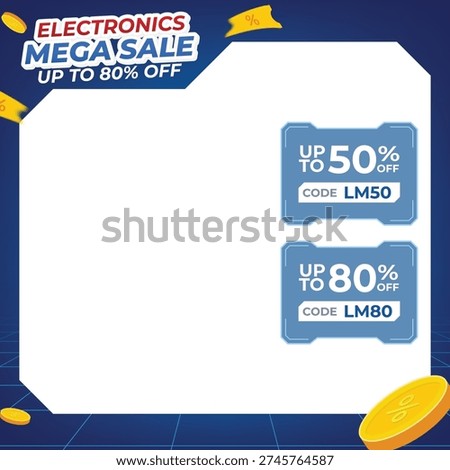 Modern electronics mega sale product frame vector template. Features a blue cyber border with a blank transparent space for product display and discount codes. Ideal for tech e-commerce marketing.